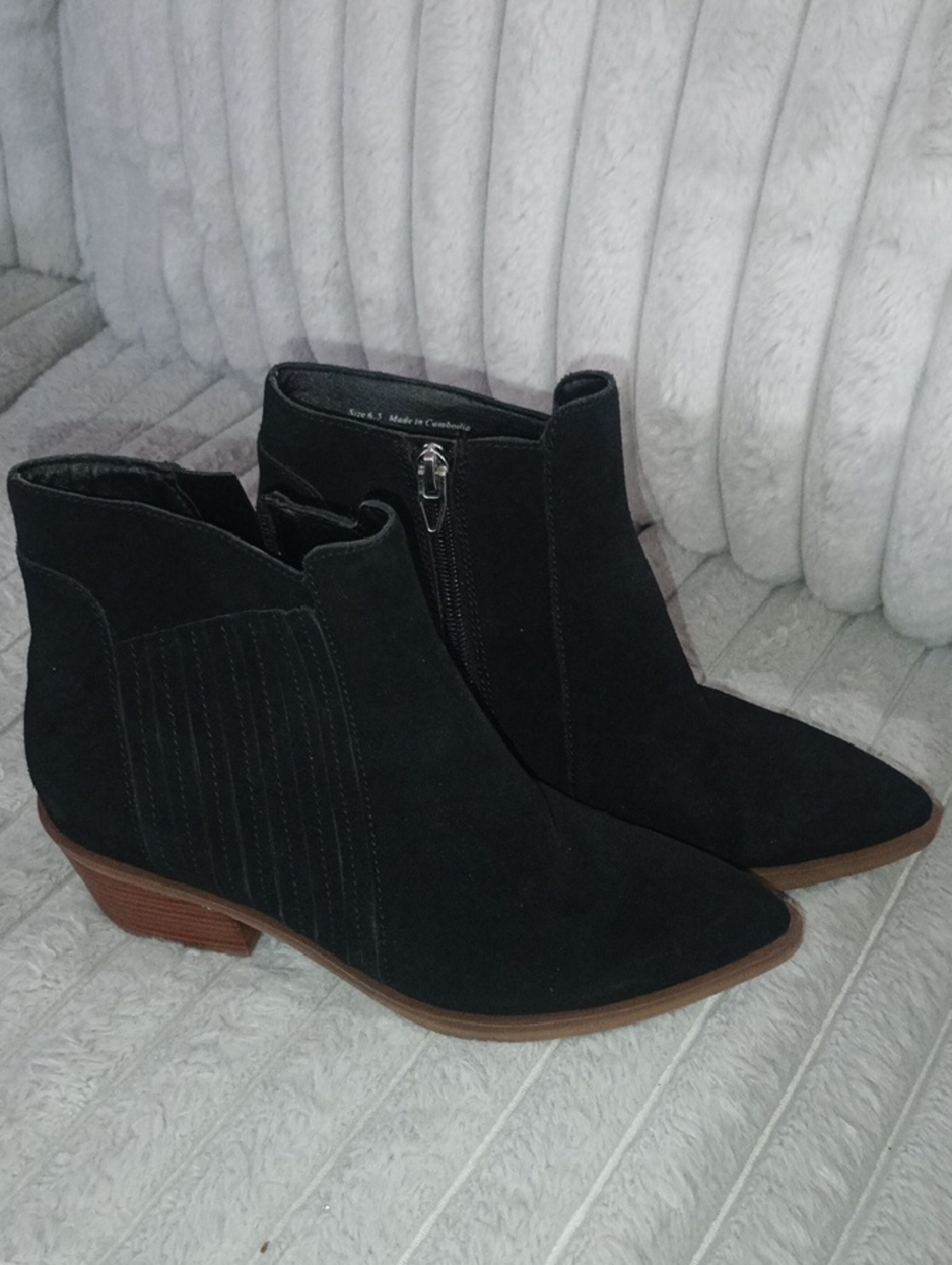 Dolce Vita Black Suede Ankle Booties with Brown Stacked Heel